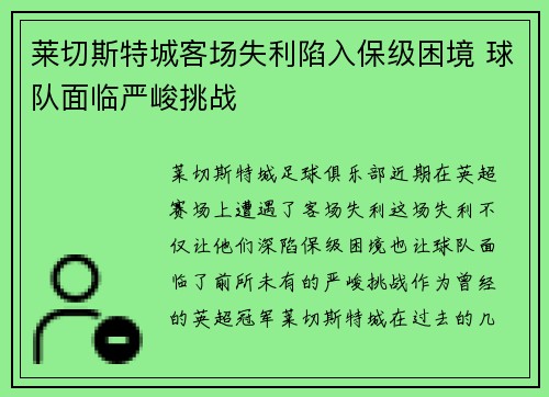 莱切斯特城客场失利陷入保级困境 球队面临严峻挑战